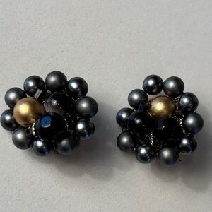 Vintage Marked Japan Clip On Earrings Black Gray Bead Cluster Gold Tone